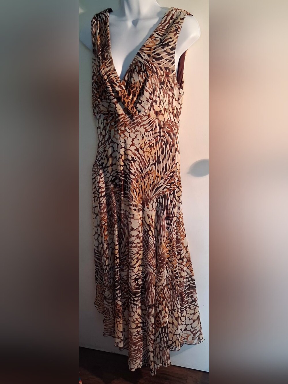 Dressbarn Asymmetrical Animal-Print Sleeveless V-Neck Lined Pullover Dress L